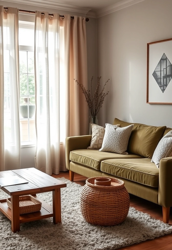 Natural textures like wood, rattan, and linen enhancing the warmth of the living space.