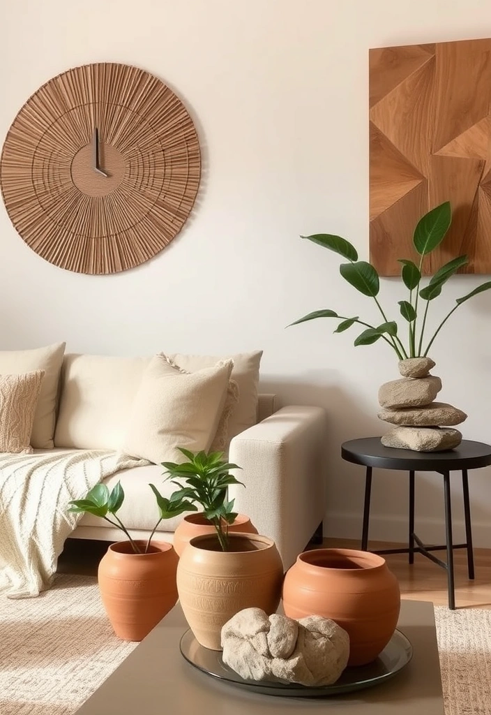 Earthy decor elements such as clay pots and wooden objects grounding the living room design.