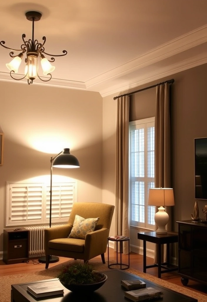 Layered lighting from various sources creating a cozy and warm ambiance in the living room.