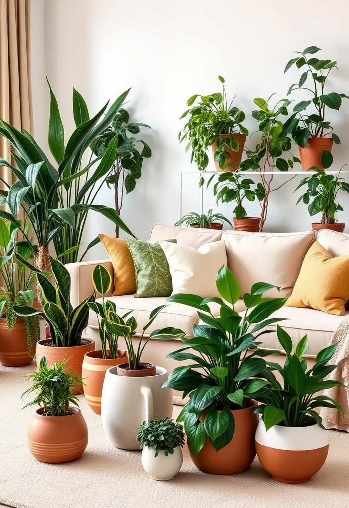 Indoor plants with lush green foliage bringing nature inside and enhancing the color palette.