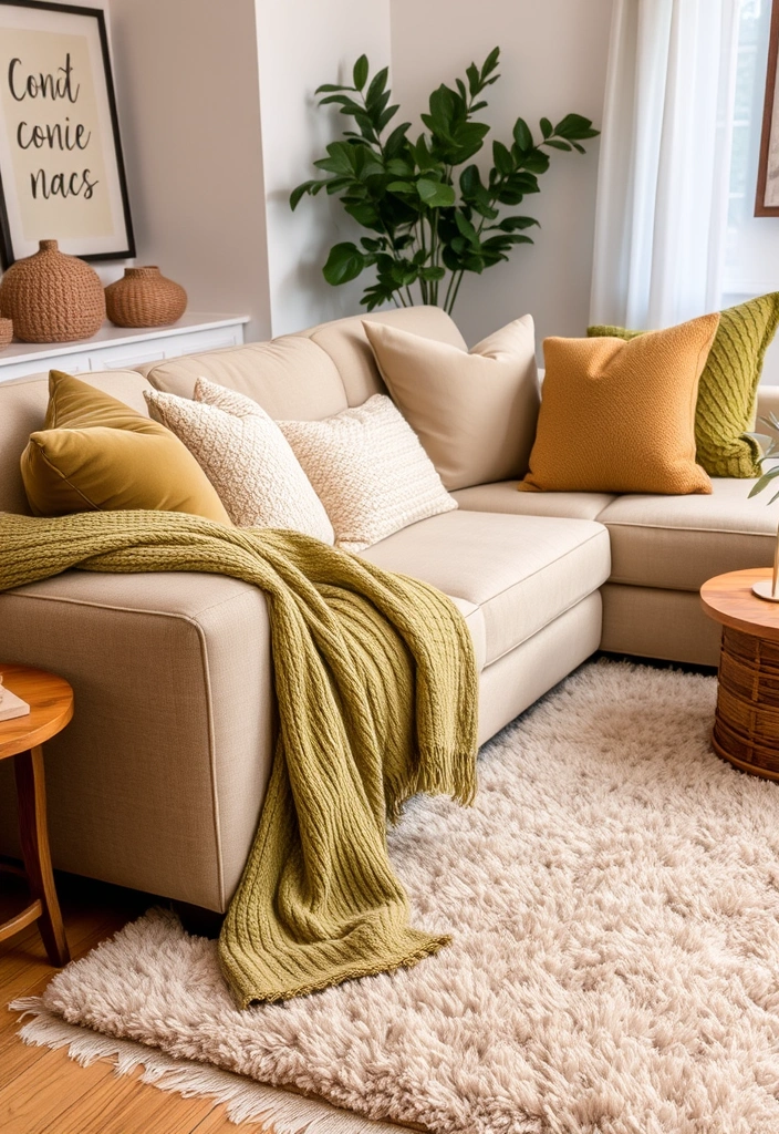 Cozy textiles like plush rugs and soft throws in beige and olive green creating a comfortable atmosphere.