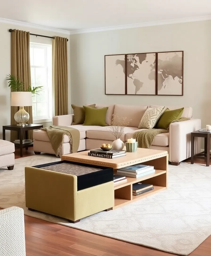 Functional and stylish furniture, such as a storage ottoman, in a practical living room setting.